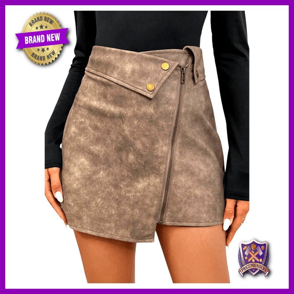 Vintage PU Leather Mini Skirt High Waist Asymmetrical Hem Zipper Casual Wear